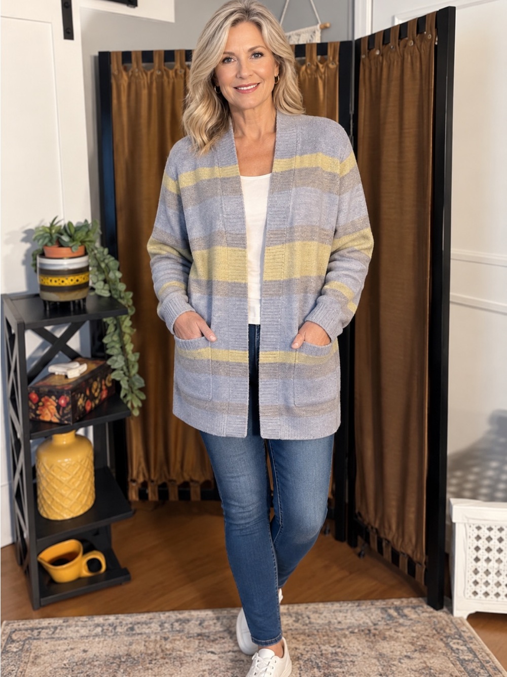 Light Blue and Yellow Striped Women’s Open Cardigan Sweater